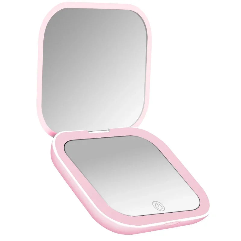 Espelho de Maquiagem de Bolso com LED e Aumento 2X | Compacto, Portátil, Dobrável | Para Bolsa, Viagens e Presentes Femininos