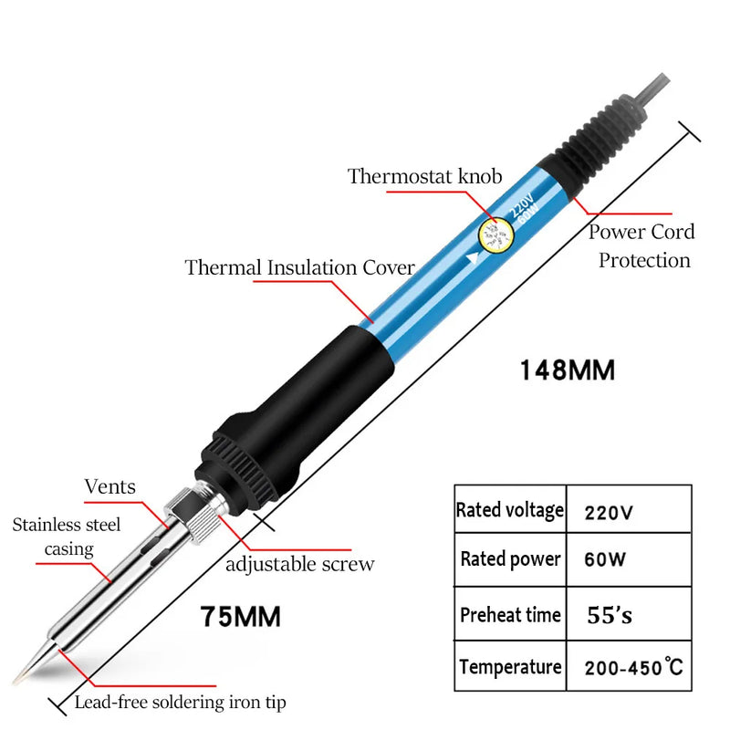 Ferro de Solda Elétrico 60W com Temperatura Ajustável – Ferramenta de Reparo Profissional (Verifique a Tensão Local)