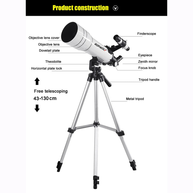 Telescópio Astronômico Profissional BORWOLF 70400 333X Alta Definição para Observação da Lua, Estrelas e Aves – Monocular