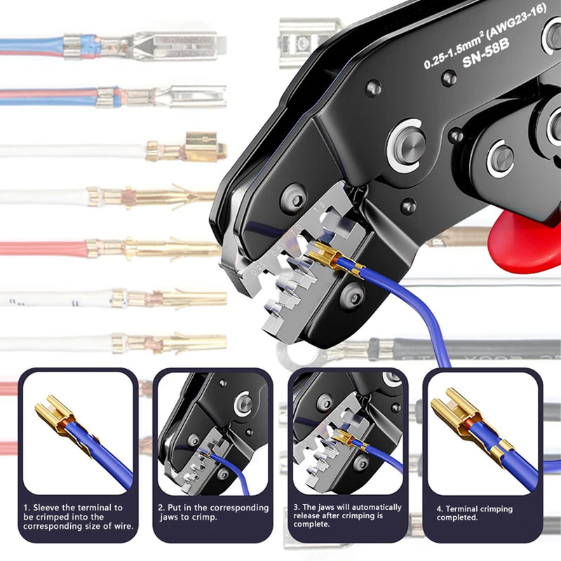 Alicate de Crimpagem SN-58B para Terminais Dupont, Molex, JST e SATA | 23-16 AWG (0,25-1,5mm²) | Barril Aberto Não Isolado