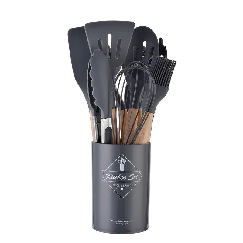 Kit 12 Utensílios de Cozinha em Silicone com Cabo de Madeira – Antiaderente e Resistente ao Calor