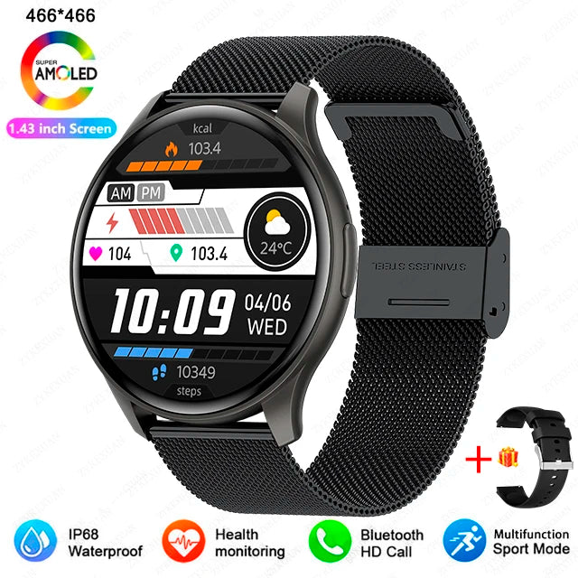 Smartwatch 1,43” AMOLED HD 2025 – Ligações Bluetooth – Compatível com Xiaomi Huawei – Masculino e Feminino