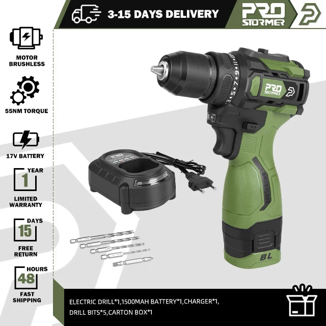 Furadeira Elétrica Sem Fio 17V Prostormer, 55Nm, Brushless, Bateria Li-ion, Mini Parafusadeira com 5 Bits