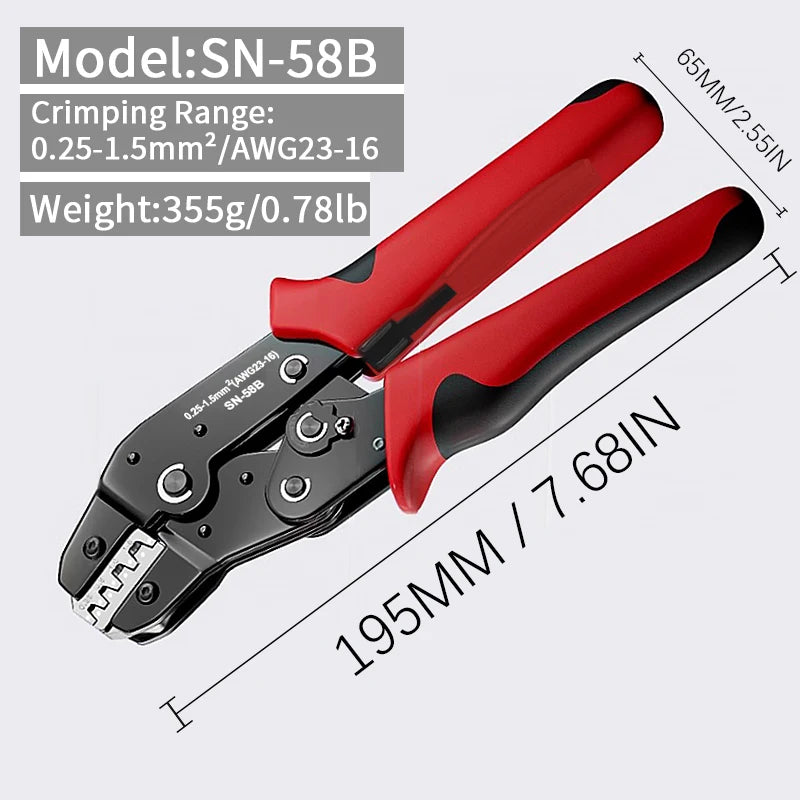 Alicate de Crimpagem SN-58B para Terminais Dupont, Molex, JST e SATA | 23-16 AWG (0,25-1,5mm²) | Barril Aberto Não Isolado